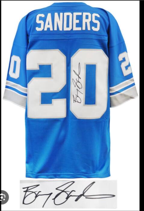 Men NFL Detroit Lions #20 Barry Sanders Signed Autographed blue jerseys->detroit lions->NFL Jersey